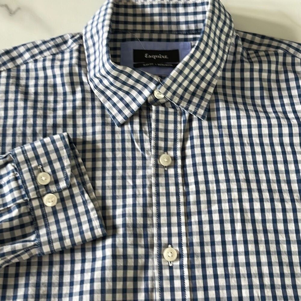 Esquire Slim Fit Non-Iron Button Front Gingham Dress Shirt Mens Medium 16 34/35